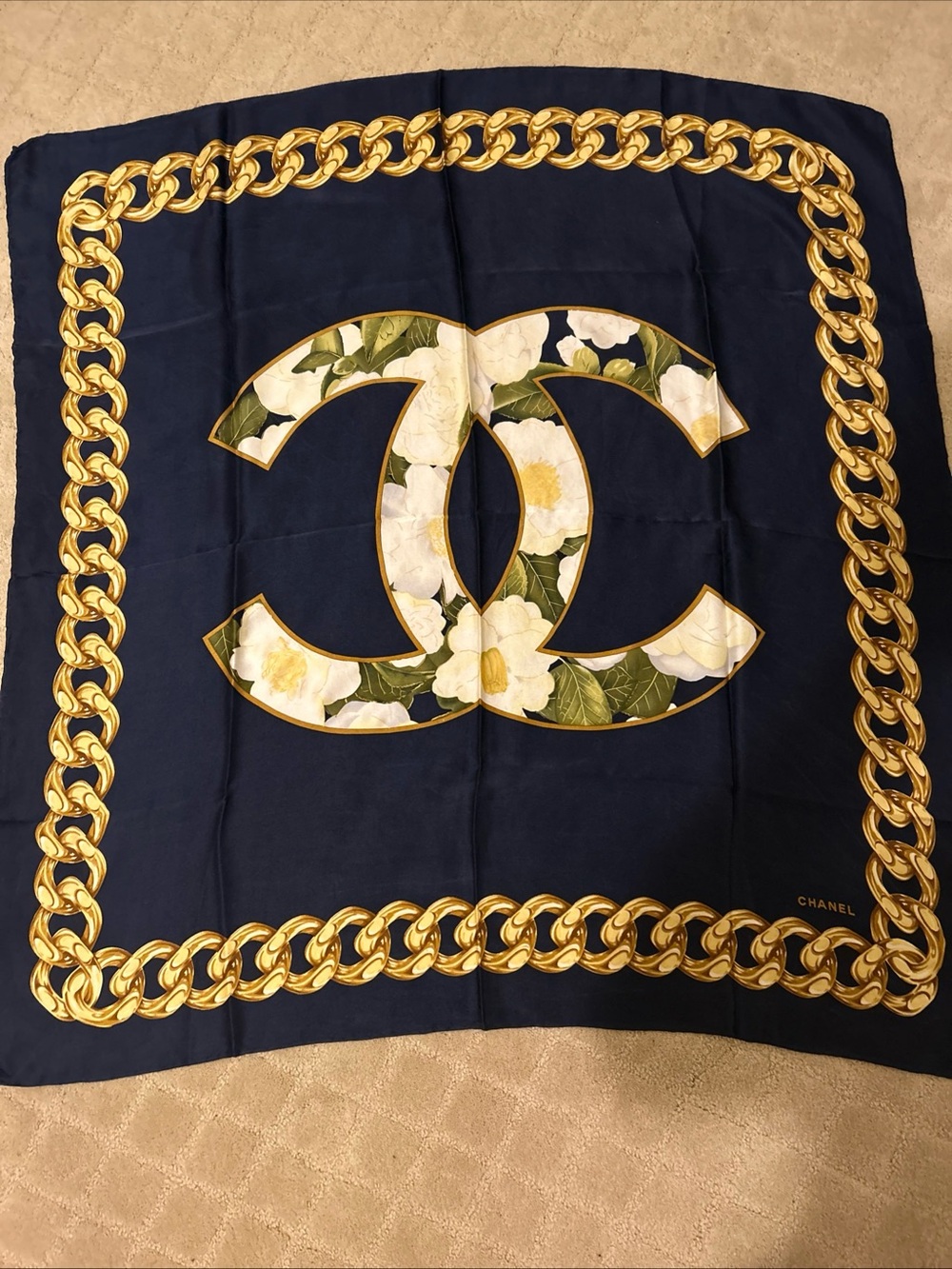 Vintage CHANEL Navy, Gold & Cream Floral CC Logo Silk Scarf